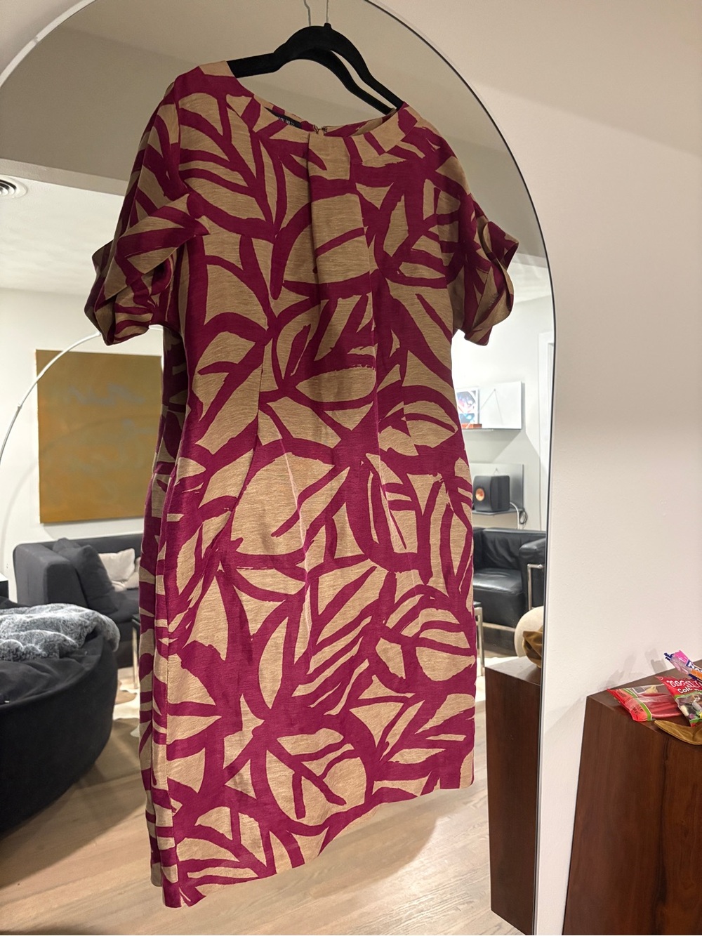 Lafayette 148 New York Magenta Leaf-Print Midi Dress on Beige